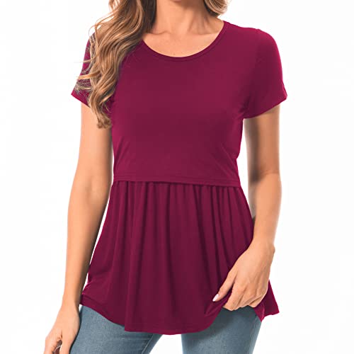 Bearsland Women's Nursing Tops Short Sleeve Scoop Neck Breastfeeding Clothes Maternity Shirt, Wine red, M von Bearsland