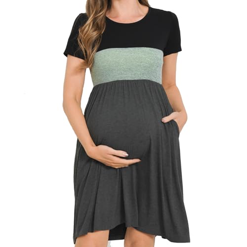 Bearsland Women’s Short Sleeve Maternity Dresses Patchwork Pregnancy Dress with Pocket, Light Green, XXL von Bearsland