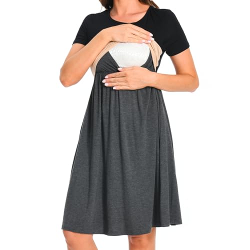 Bearsland Women’s Short Sleeve Nursing Dress Patchwork Breastfeeding Dress with Pocket, Khaki, L von Bearsland