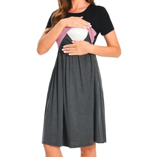 Bearsland Women’s Short Sleeve Nursing Dress Patchwork Breastfeeding Dress with Pocket, Rose Red, XL von Bearsland