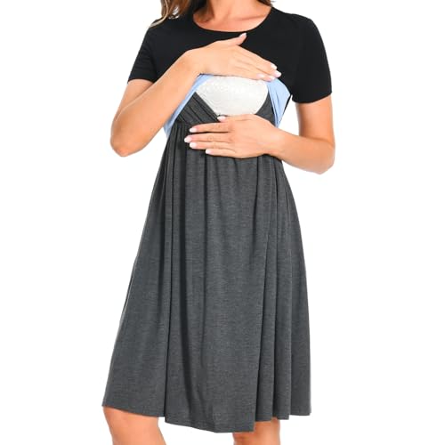 Bearsland Women’s Short Sleeve Nursing Dress Patchwork Breastfeeding Dress with Pocket, Sky Blue, L von Bearsland