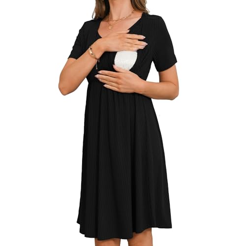 Bearsland Women’s Short Sleeve Patchwork Maternity Nursing Dress for Breastfeeding, Black, L von Bearsland