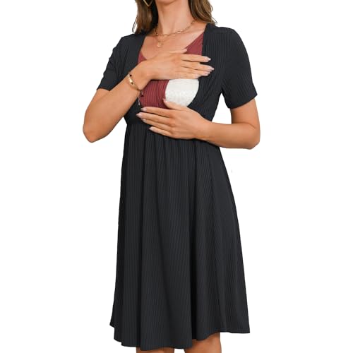 Bearsland Women’s Short Sleeve Patchwork Maternity Nursing Dress for Breastfeeding, Iron Grey, L von Bearsland