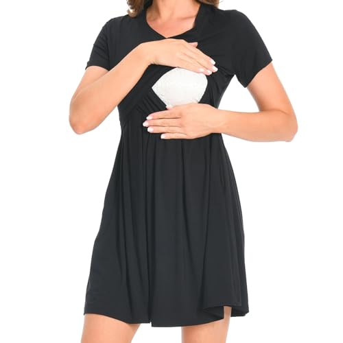 Bearsland Women’s Short Sleeve V-Neck Maternity Nursing Dress for Breastfeeding with Pocket, Black, M von Bearsland