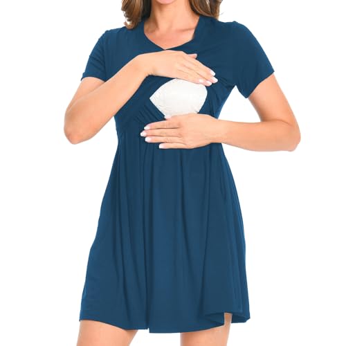 Bearsland Women’s Short Sleeve V-Neck Maternity Nursing Dress for Breastfeeding with Pocket, Vivid Blue, M von Bearsland