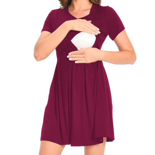 Bearsland Women’s Short Sleeve V-Neck Maternity Nursing Dress for Breastfeeding with Pocket, Wine Red, M von Bearsland