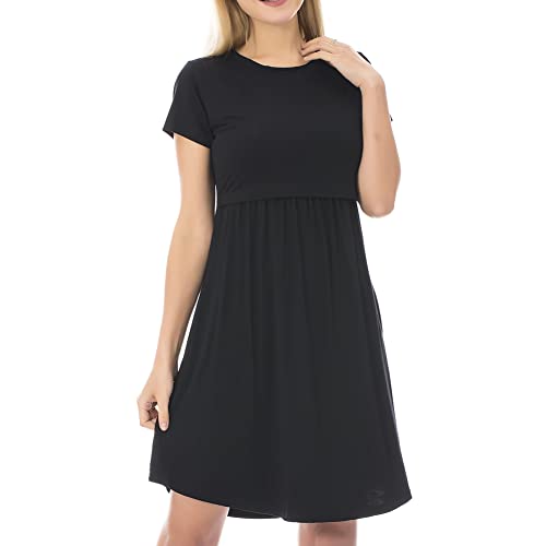 Bearsland Women's Short Sleeves Round Neck Maternity Dress Nursing Dress Breastfeeding Dress,Black,X-Large von Bearsland