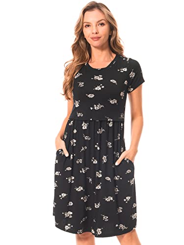 Bearsland Women's Short Sleeves Round Neck Maternity Dress Nursing Dress Breastfeeding Dress,Black Flower,M von Bearsland