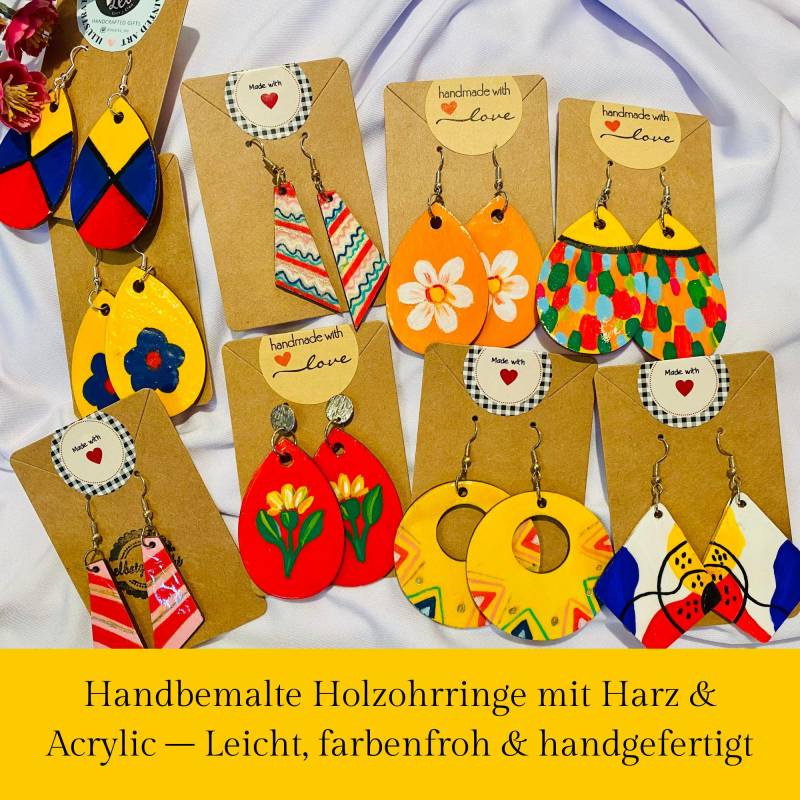 Handbemalte Holzohrringe Mit Harzbeschichtung Leichter Handwerker Schmuck Bunte Statement Ohrhänger von Beartsleo