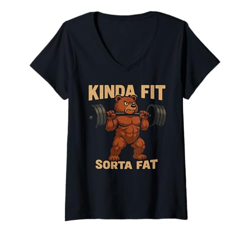 Damen Kinda Fit Sorta Fat Strong Cartoon-Bär im Fitnessstudio, lustig T-Shirt mit V-Ausschnitt von Beasts Mode Retro Workout Vibe