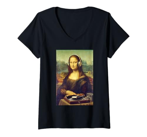 Damen Lustige Mona Lisa DJ-Kopfhörer Vinyl Player Plattenspieler Grafik T-Shirt mit V-Ausschnitt von Beat Renaissance