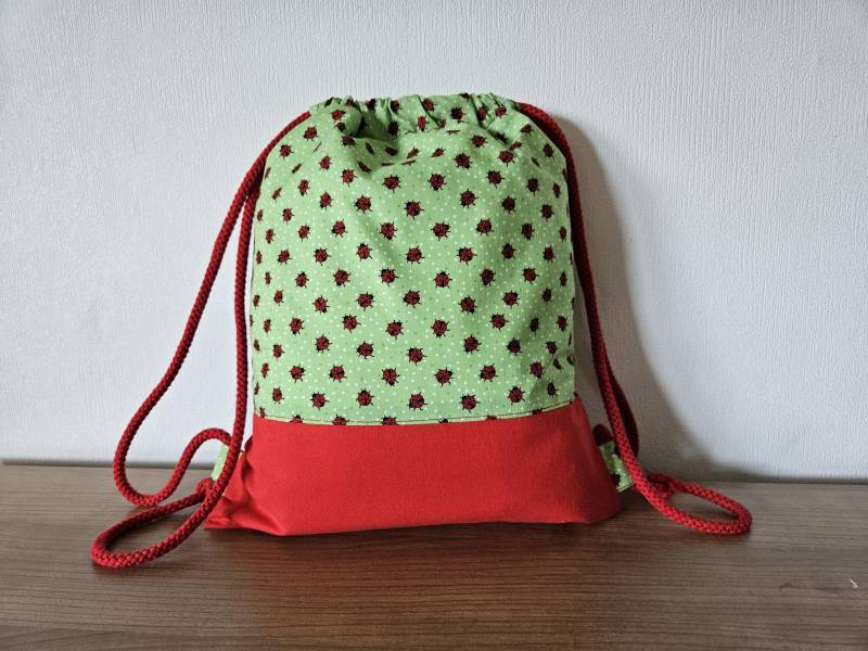 Turnbeutel Sportbeutel Sporttasche Rucksack Innenfutter Mit Reißverschlussfach Marienkäfer Motiv Kinder Baumwollstoff Handgefertigt Neu von BeatesKreativShop