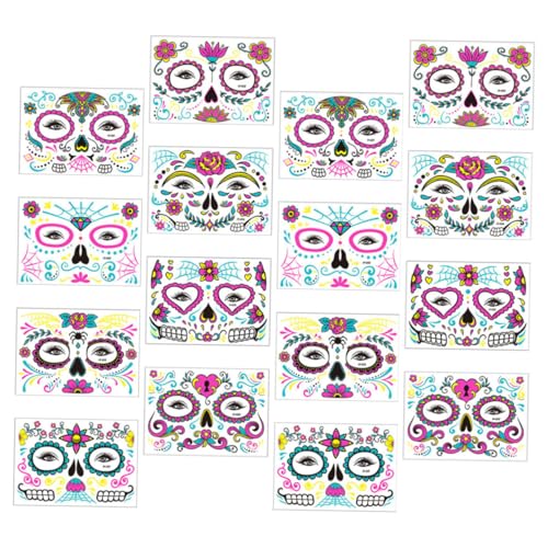Beatifufu 16 Blatt Wasserfeste Fluoreszierende Halloween Gesichtstattoos Schädel Blumenmuster Temporäre Day Of The Dead Sticker für Faschings und Kostümparty von Beatifufu