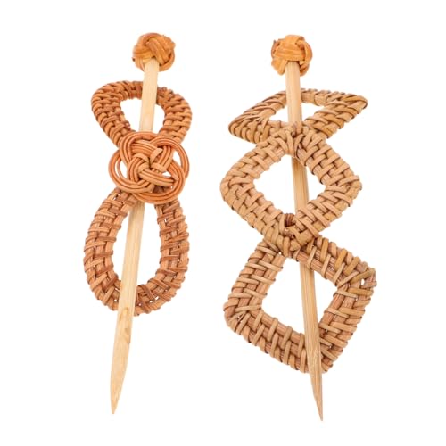 Beatifufu 2 Boho Haarspangen mit Stab aus Handgeflochtenem Rattan Minimalistische Chinesische Haarnadeln Antike Haaraccessoires für Frauen und Teens Stabiler Dutt-halter mit Elegantem von Beatifufu