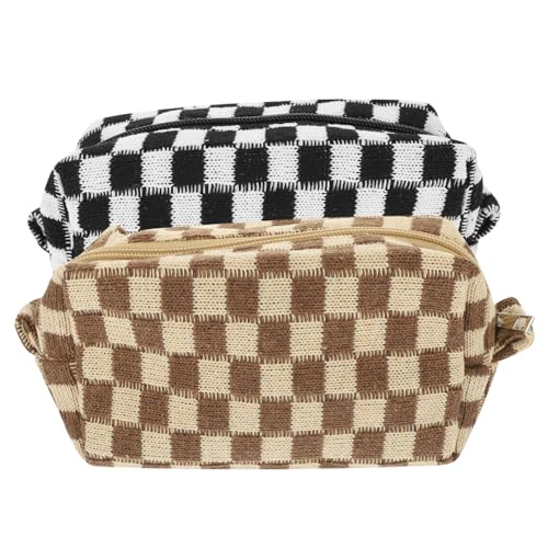 Beatifufu 2 Stück Große Kariert Schminktasche Damen Vielseitige Kosmetiktasche mit Geräumigem Innenfach für Make up Pinsel Kulturbeutel Reise Waschbeutel Robust und Modisch von Beatifufu