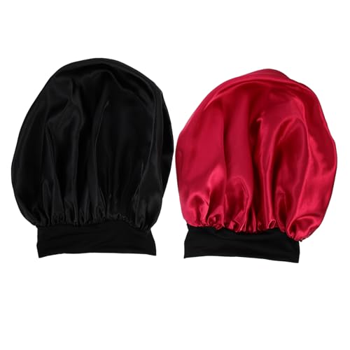 Beatifufu 2 Stück Haube für Haare Elastisch Großer Damen Schlafhaube Breit Haarschutz Nacht Satin Haarkappe für Lockenpflege und Dusche Schwarz Hautfreundlich Rutschfest für Chemo von Beatifufu
