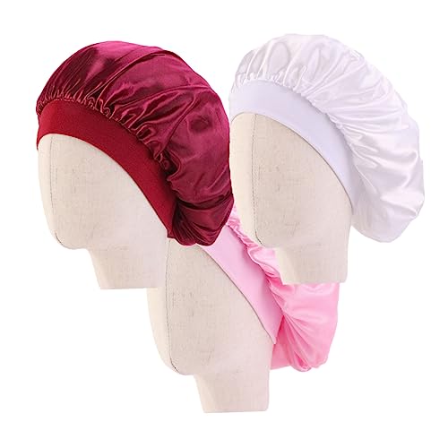 Beatifufu 3stücke Kindermütze Schlafmütze Mit Breiter Krempe Satin Haarhaube Für Junge Mädchen Weiß Rosa Weinrot Nachtmütze Elastisch Bequem Atmungsaktiv von Beatifufu