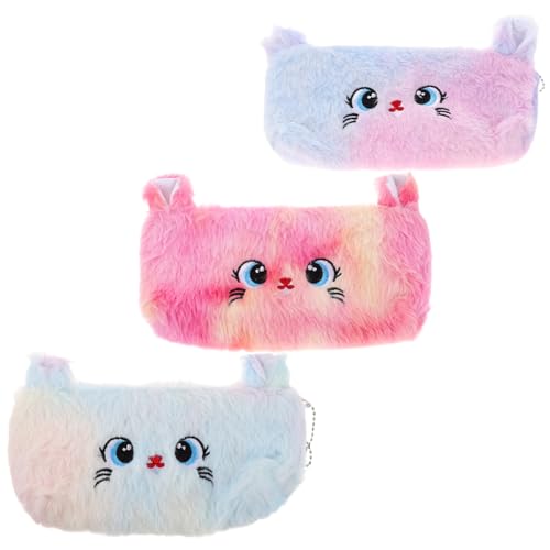 Beatifufu 3 Stück Teiliges Federmäppchen Katze Plüsch Federtasche Mäppchen mit Reißverschluss Vielseitiges Kosmetiktäschchen Leichter Organizer für Schule Büro Reisen Aufbewahrung von von Beatifufu
