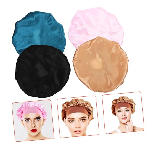 Beatifufu 4 Stück Elastische Schlafhaube mit Breitem Rand für Damen Haarhaube zum Schutz bei Schönheitsbehandlungen und Haarschutz Rutschfeste Mütze für Locken und Zöpfe von Beatifufu