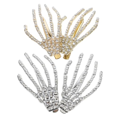 Beatifufu 4 Stück Halloween Haarklammern mit Strasssteinen Entenschnabel Haarspangen in Silber und Gold Dunkles Schädelhand Design für Party und Fest Damen Haaraccessoire von Beatifufu