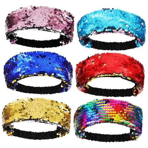Beatifufu 6 Stück Teiliges Elastische Pailletten Haarreifen für Damen Wendbare Glitzernde Stirnbänder in Farbverlauf Rutschfest Bequem Modischer Haarschmuck für Alltag und Party von Beatifufu