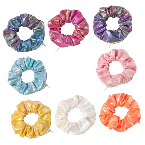 Beatifufu 8 Stück Teiliges Haargummi mit Glänzendem PU Farbverlauf Elastische Haarbänder für Mädchen Kreative Reißverschluss Dekoration Langlebig und Praktisch zur Sicheren Haarfixierung von Beatifufu