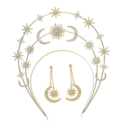 Beatifufu Goldenes Stern und Mond Haarreif mit Schmuck Ohrringen Dreistufiges Stilvolles Kopfschmuck für Damen Festlich Stabil Sitzend für Hochzeit und Besondere Anlässe von Beatifufu