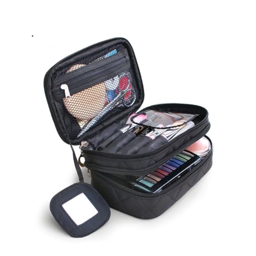Beatifufu Reise Make Up Organizer Kompakte Nylon Kosmetiktasche Schwarz mit Rautenmuster Großes Fassungsvermögen und Netzhalter für Damen von Beatifufu