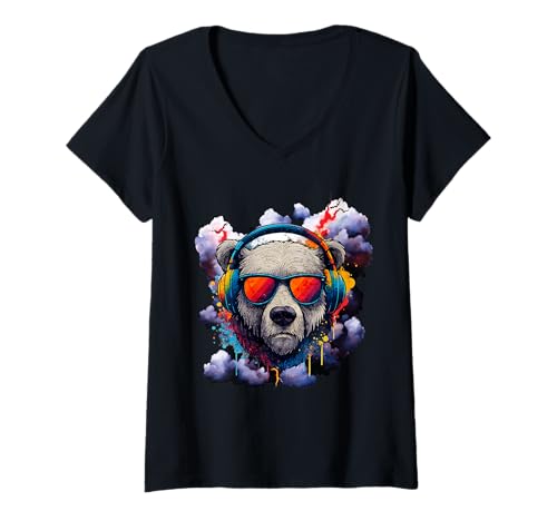 Damen Retro Bär mit Sonnenbrille und Kopfhörer T-Shirt mit V-Ausschnitt Damen Retro Bär mit Sonnenbrille und Kopfhörer T-Shirt mit V-Ausschnitt von Beats And Wilderness