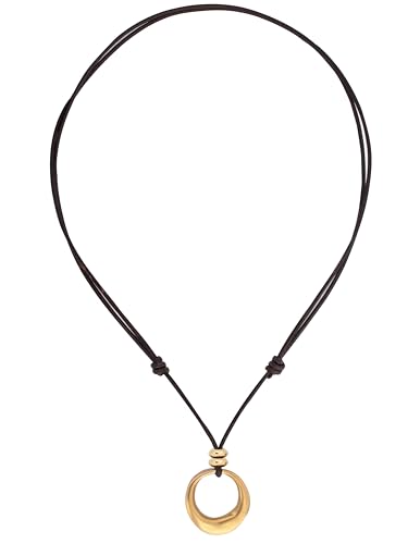 Beau Soleil Jewelry Schmuck Halskette Lederkette längenverstellbar für Damen mit massivem Ring Anhänger | (Gold) von Beau Soleil Jewelry