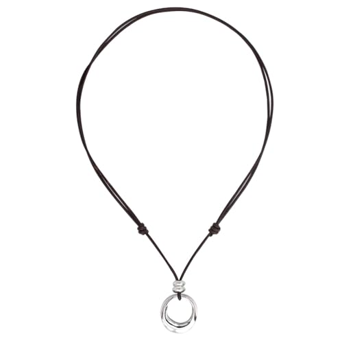 Beau Soleil Jewelry Schmuck Halskette Lederkette längenverstellbar für Damen mit massivem Ring Anhänger | (Silber) von Beau Soleil Jewelry