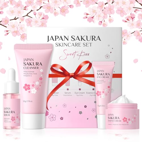 BeauBase Gesichts Pflege Set Sakura, 4 Stück Reisegröße Gesichtspflege, Gesichtspflege Set Teenager Mädchen (Hydration Care Set) von BeauBase
