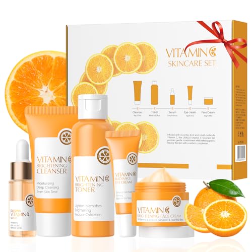 BeauBase Vitamin C Hautpflege Set, Teenager Mädchen und Frauen Gesichtspflege Set, skin solution tonic feuchtigkeit haut, mit Cleanser Gesichtswasser Augencreme Serum Creme von BeauBase
