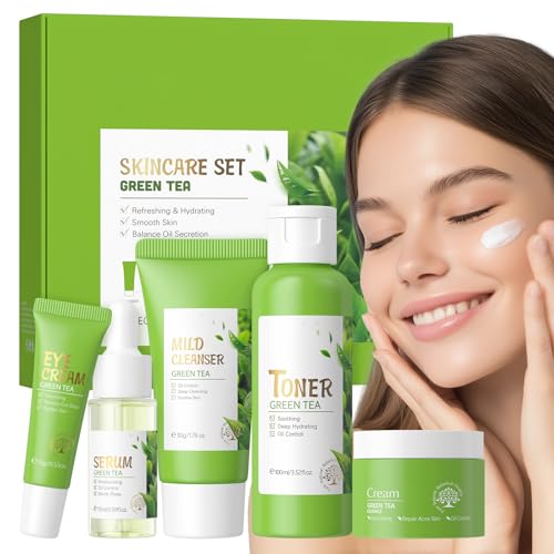 BeauBase Hautpflegeset für Teenager Mädchen Sakura, 5 Stück Pflegeset Damen Reisegröße, Gesichtspflege Feuchtigkeit mit Gesichtsreinigung Gesichtswasser Serum Augencreme Cream (5pcs, Green tae) von BeauBase