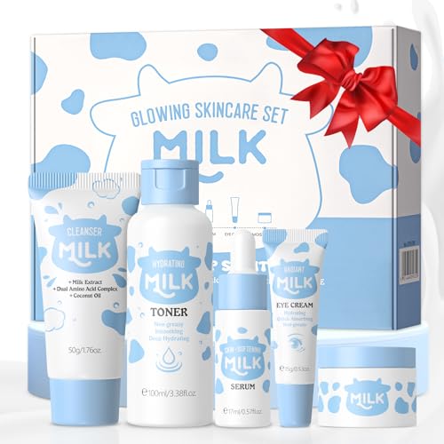 BeauBase Milch Hautpflege Set, 5-teiliges Sanfte Reinigung, Feuchtigkeit & Pflege für strahlende Haut – Inklusive Reiniger, Gesichtswasser, Serum, Augencreme & Creme, Ideal für junge Haut & Frauen von BeauBase