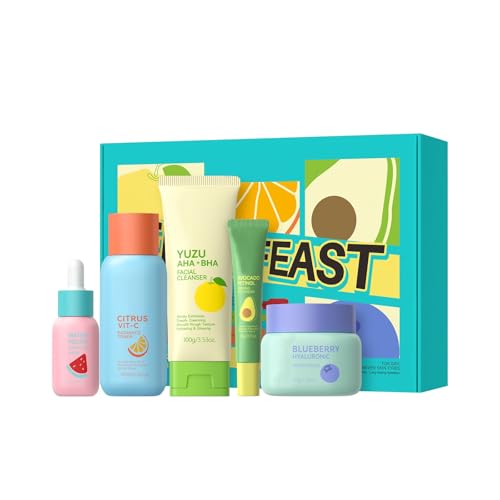 BeauBase Obst Gesichtspflege-Set, 5-teiliges Hautpflege-Set Damen, mit Reiniger, Toner, Serum, Augencreme und Feuchtigkeitscreme, geeignet für Frauen, Männer und Jugendliche von BeauBase