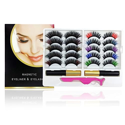 BeauFairy Magnetische Wimpern, Farbe Magnetische Wimpern mit 2 Tuben Eyeliner Satz, 10 Paare Dicke Lange Künstliche Weiche Falsche Eyelashes, Wasserdicht Wiederverwendbar mit Pinzette, Kein Kleber von BeauFairy