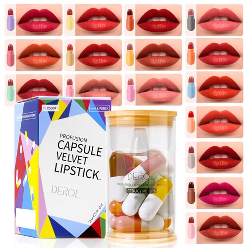 BeauFairy Mini Kapsel Lippenstift Set, 16 Farben, Wasserdichte, Langlebige Samt Mattes Pillen Lipstick, Niedlicher Tragbar, Feuchtigkeitsspendender Antihaft-Becher, Lip Gloss Make-up-Set for Mädchen von BeauFairy