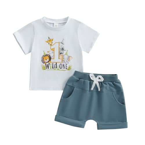 1 Jahr Geburtstag Baby Junge Sommer Bekleidungsset Kurzarmes Obenteil + Shorts mit Taschen Tierprint Jungen Babykleidung Outfit Set (Beige, 12-18 Monate) von Beauace