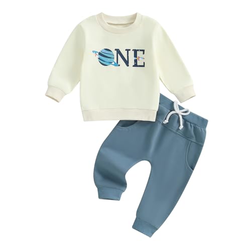 1 Jahr Geburtstag Baby Jungen Kleidung Set Planetendruck Langarm Sweatshirt + Einfarbig Hose Kleinkinder Outfit Weiche Bayset 0-6 Monate (Blau, 6-12 Monate) von Beauace