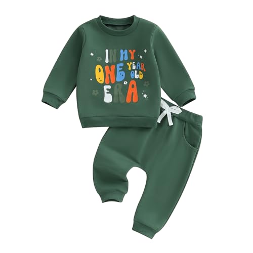 1 Jahr Geburtstag Baby Jungen Winter Kleidung Outfit IN MY ONE YEAR OLD EAR Babykleidung Langarm Sweatshirt + Hose Neugeborene Babyset (Armeegrün, 12-18 Monate) von Beauace
