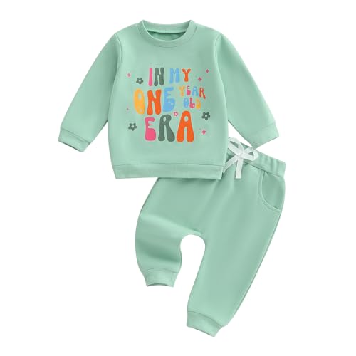 1 Jahr Geburtstag Baby Jungen Winter Kleidung Outfit IN MY ONE YEAR OLD EAR Babykleidung Langarm Sweatshirt + Hose Neugeborene Babyset (Grün, 12-18 Monate) von Beauace