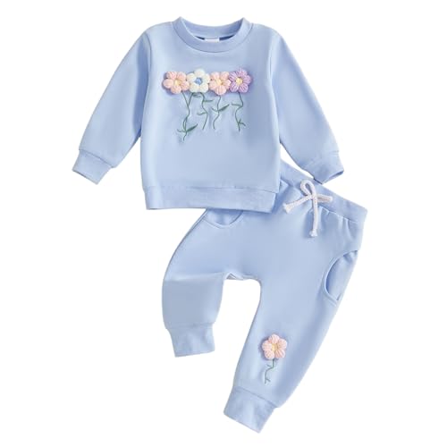 2pcs Baby Mädchen Kleidung 3D Blumen Druck Outfit Langarm Shirt + Hose Neugeborene Babykleidung klinder Herbst Babyset (Blau, 6-12 Monate) von Beauace