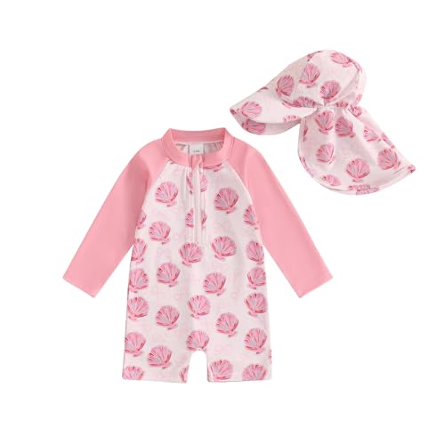 Baby Badeanzug mit Sonnenhut Langarm UV Schutz Badebekleidung Für Baby-Mädchen Reißverschluss Strand Schwimmanzug (Rosa, 6-12 Months) von Beauace
