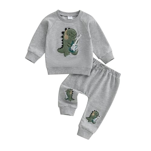 Baby Jungen Kleidung Set Langarm Sweatshirt + Hose Dinosaurier Gitarren Kleinkinder Outfit Babykleidung Neugeborene Babyset (Grau, 18-24 Monate) von Beauace