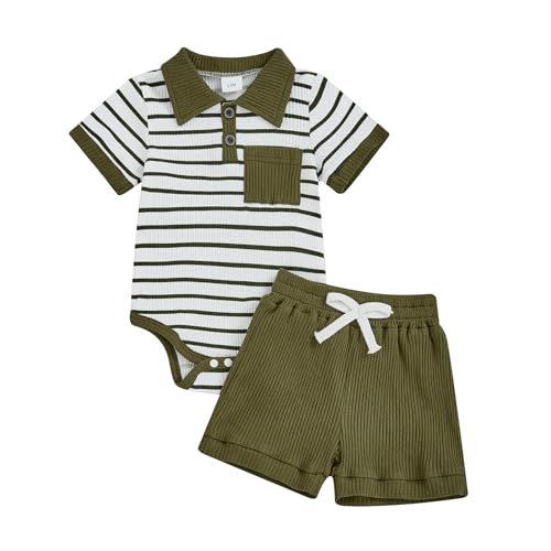 Baby Jungen Sommer Kleidung Set Kurzarm Strampler mit Knopf + Einfarbige Shorts Baby Junge Outfit Neugeborene Weiche Babyset (Armeegrün, 9-12 Monate) von Beauace