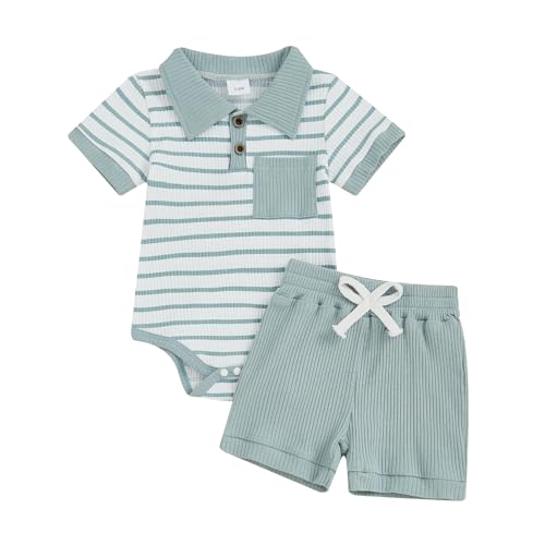 Baby Jungen Sommer Kleidung Set Kurzarm Strampler mit Knopf + Einfarbige Shorts Baby Junge Outfit Neugeborene Weiche Babyset (Blau, 3-6 Monate) von Beauace