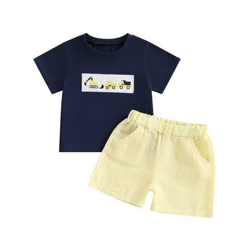 Baby Jungen Sommer Kleidung Set Lkwdruck Kurzarm Oberteil + Musselin Shorts Kleinkinder Outfit Weiche Babyset (Marineblau, 3-4 Jahre) von Beauace