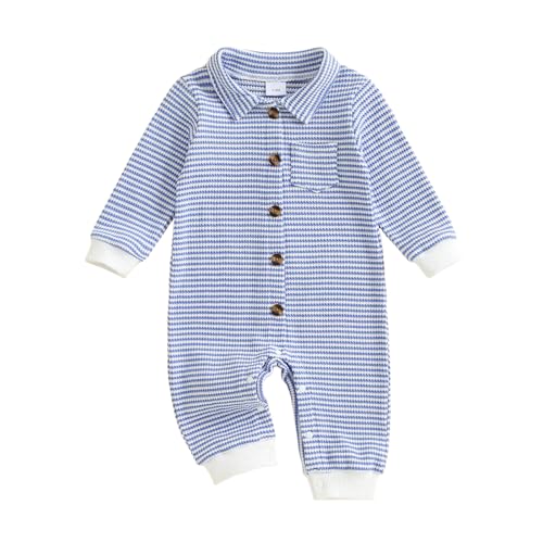 Baby Jungen Strampler Neugeborene Langarm Body Streifen Jumpsuit 0-24 Monate mit Knöpfen (Himmelblau, 0-3 Monate) von Beauace
