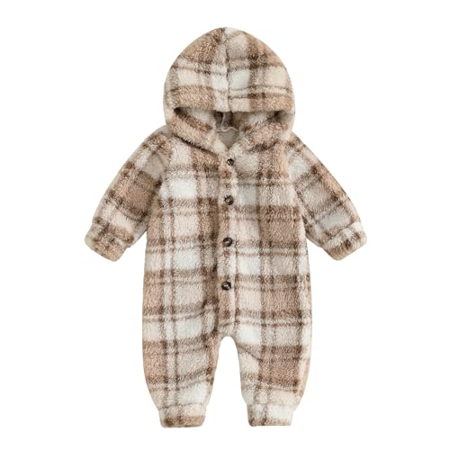 Baby Mädchen Jungen Overall Winter mit Kapuze Neugeborene Schneeanzüge Kleinkind Warm Strampler Langarm Knöpfe Bodysuit (Beige, 6-9 Monate) von Beauace